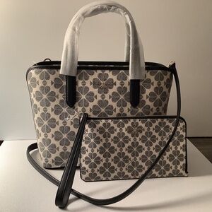 🎁 KATE SPADE NY 2 Pc Signature Spade Flower Tote & Wristlet Black & Creme NWT